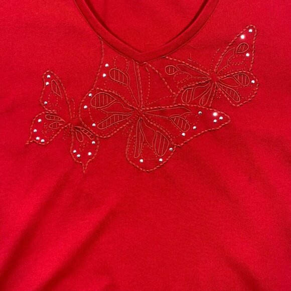 red v neck short sleeve t-shirt butterflies sz med  CAROLL REED - Picture 12 of 16